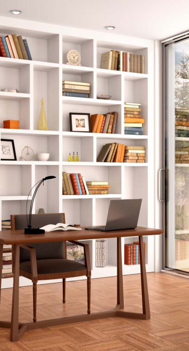 3d illustration of bright interior library office with white shelves and a large window