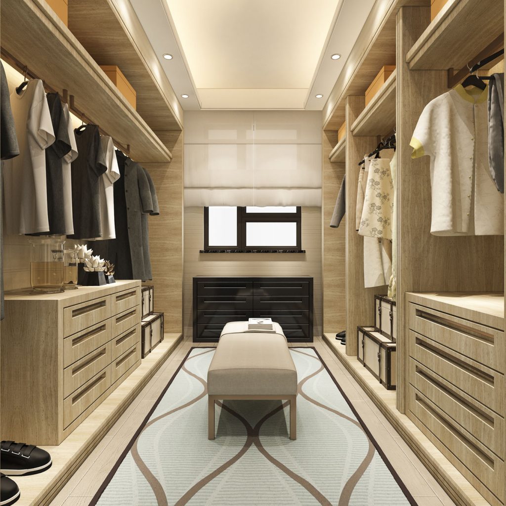3d rendering minimal scandinavian wood walk in closet with wardr