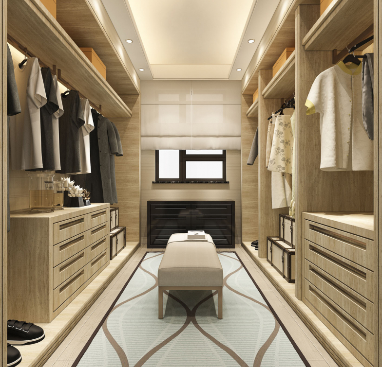 3d rendering minimal scandinavian wood walk in closet with wardr